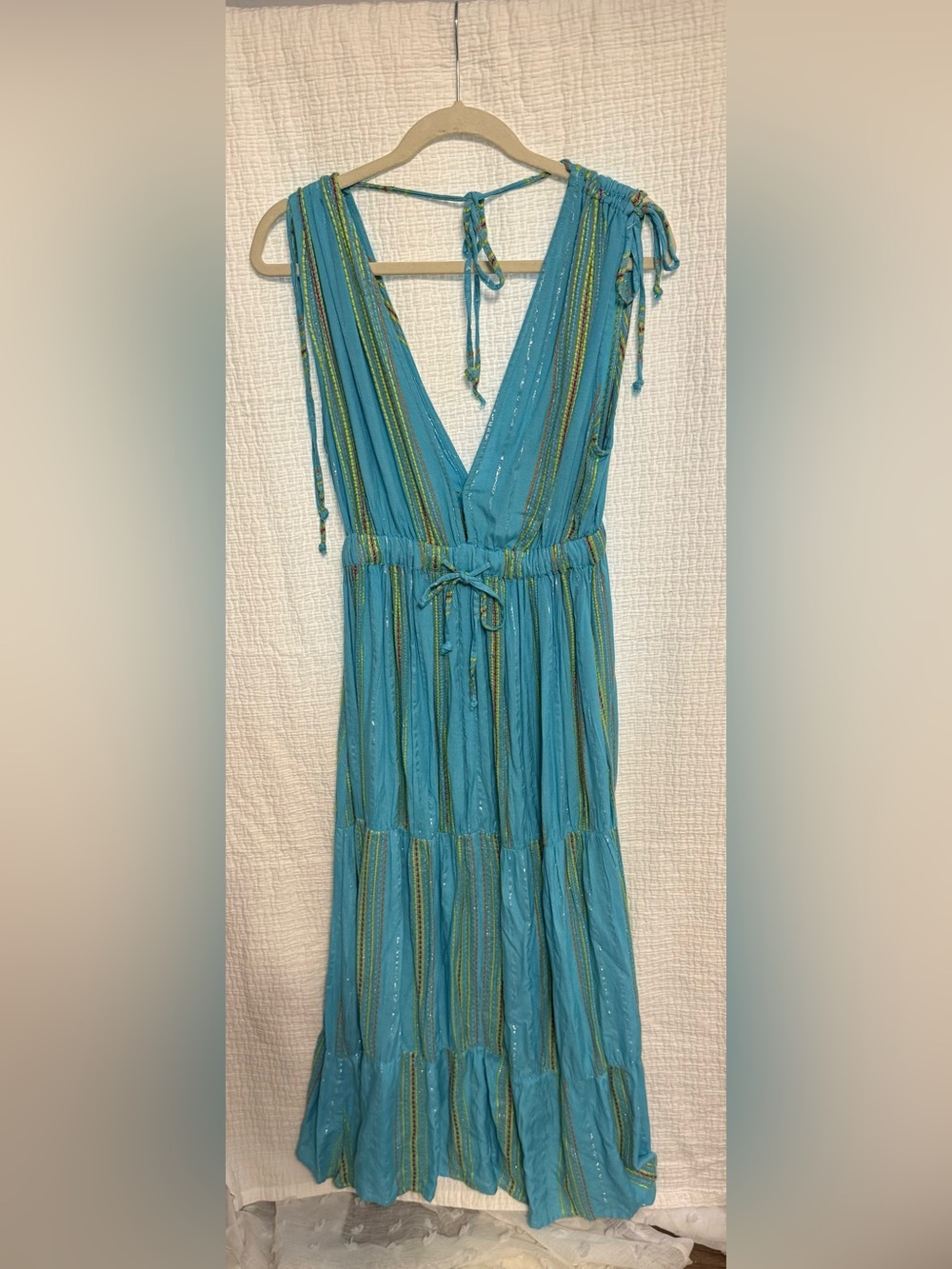 Elan Teal Blue Maxi Dress with Multicolor Stripe Accents